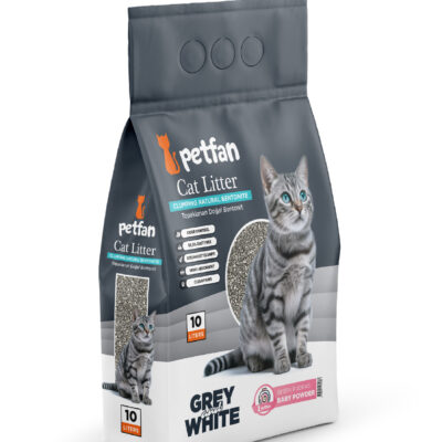 Grey & White Areia Aglomerante Aroma a Pó Talco em bentonite natural para gatos.