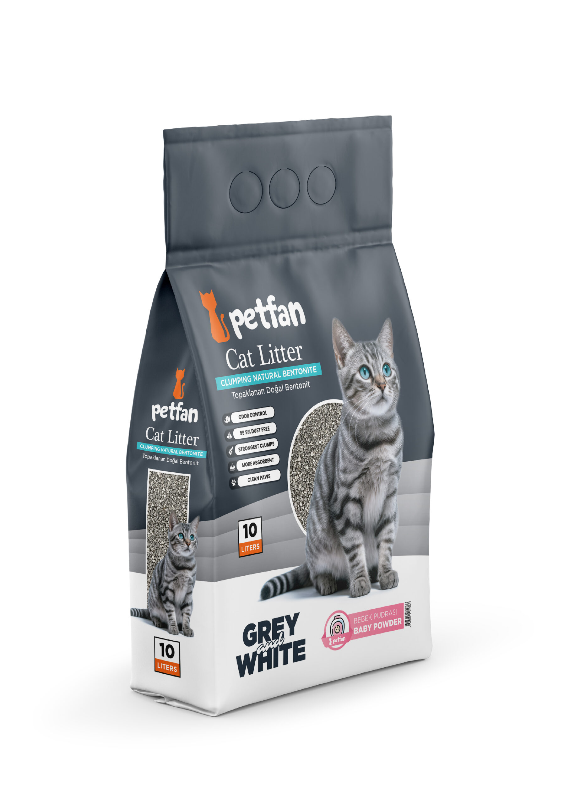 Petfan Grey White Pó talco 10L Grey & White Areia Aglomerante Aroma a Pó Talco em bentonite natural para gatos.