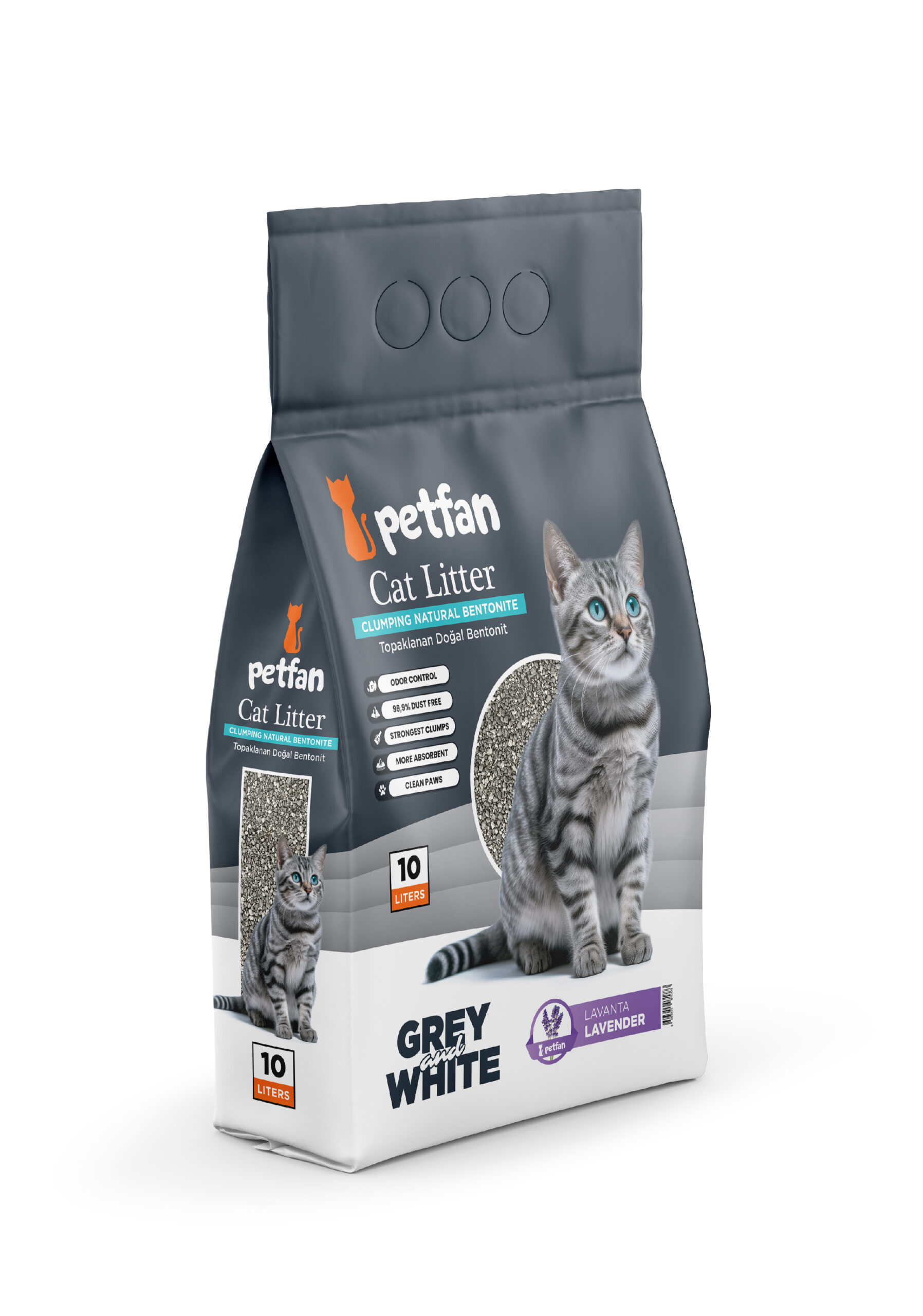 Petfan Grey White Lavanda10L Grey & White Areia Aglomerante Aroma a Lavanda em bentonite natural para gatos.