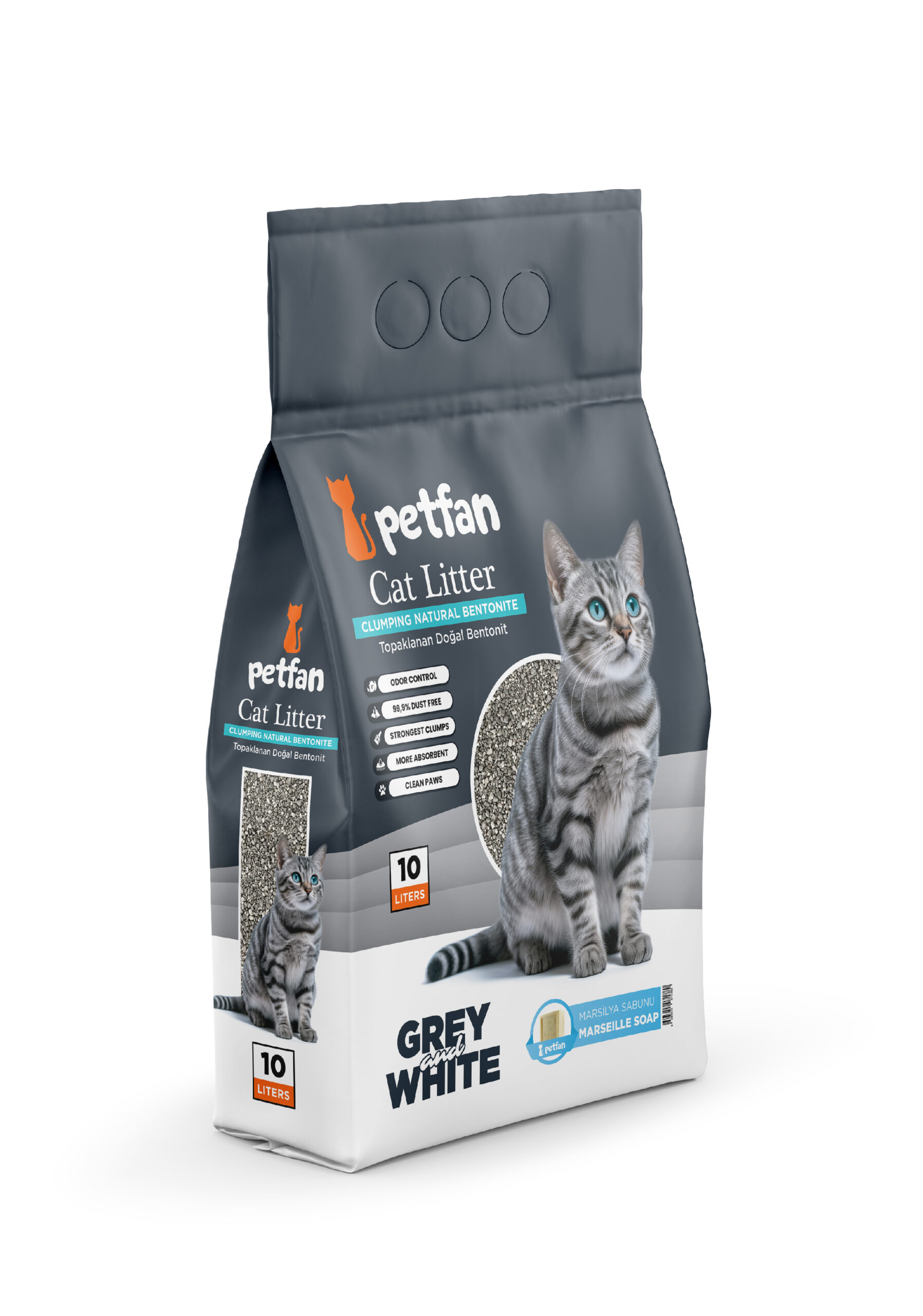 Petfan Grey White Sabão Marselha10L Grey & White Areia Aglomerante Aroma a Sabão Marselha em bentonite natural para gatos.