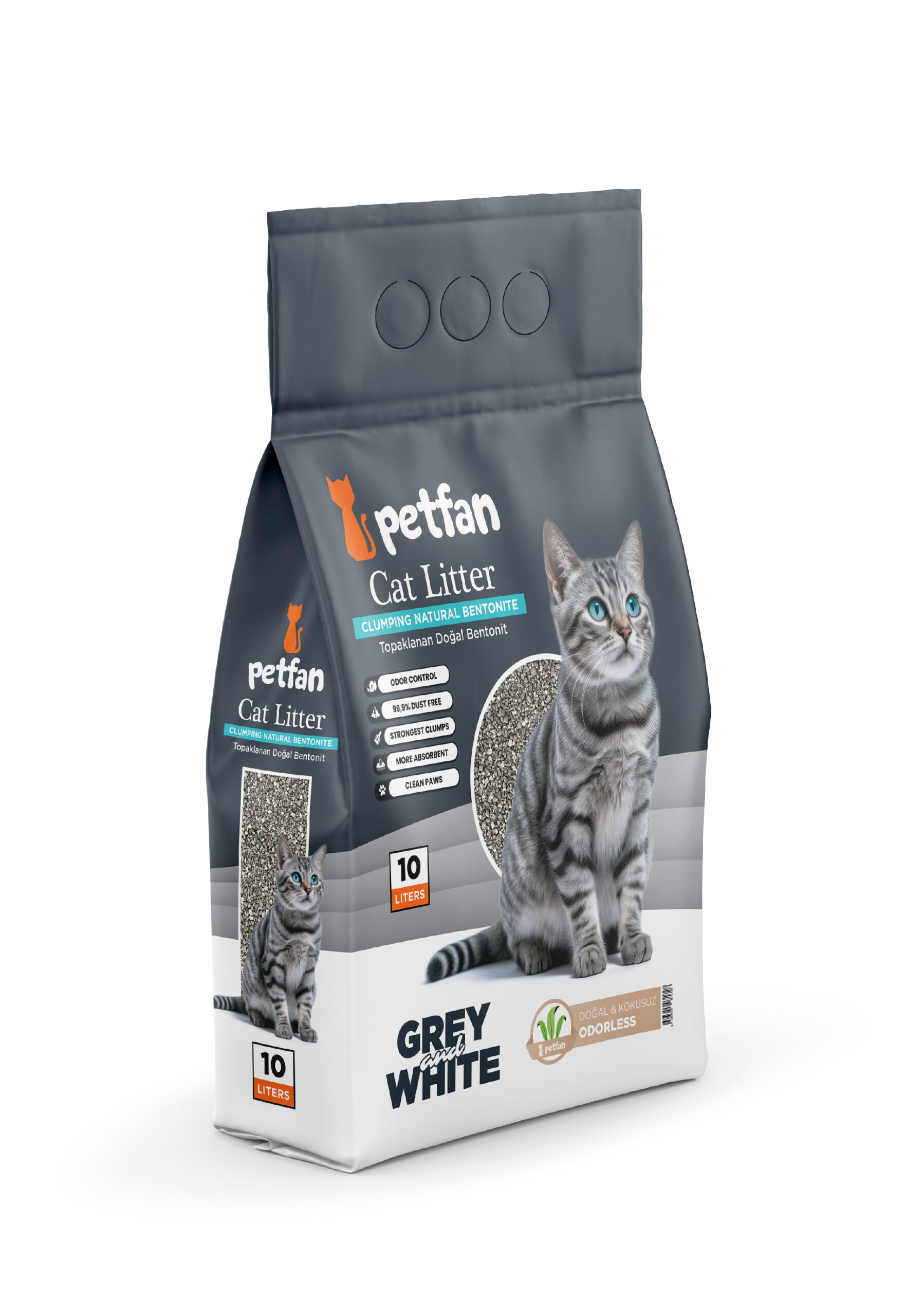 Petfan Grey White Natural10L Grey & White Areia Aglomerante Ultra Absorção em bentonite natural para gatos.